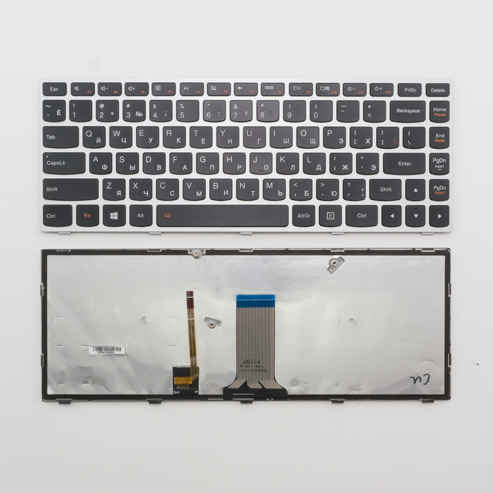 Клавиатура для ноутбука Lenovo Flex 2 14 черная с серебристой рамкой, с подсветкой